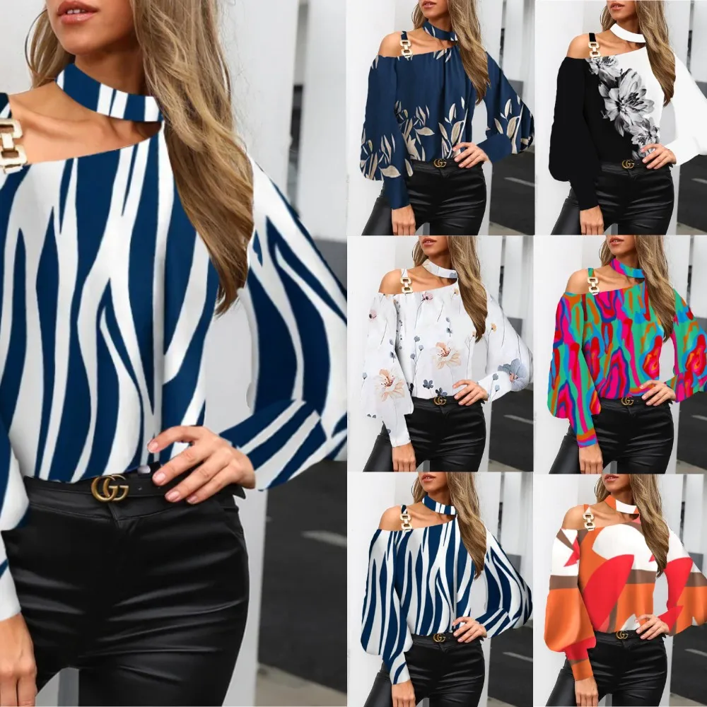 Women Striped Lantern Sleeve Blouse Top for Autumn Winter