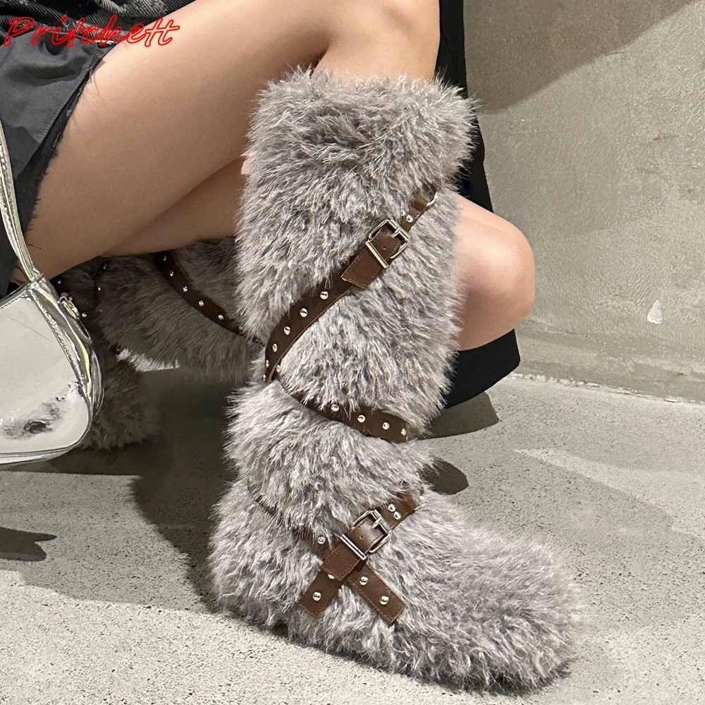 Fur Cross Tied Knee High Boots Women Round Toe Metal Decoration Slip On Flats Boots Winter Hot Sale Spice Girl Fashion Boots