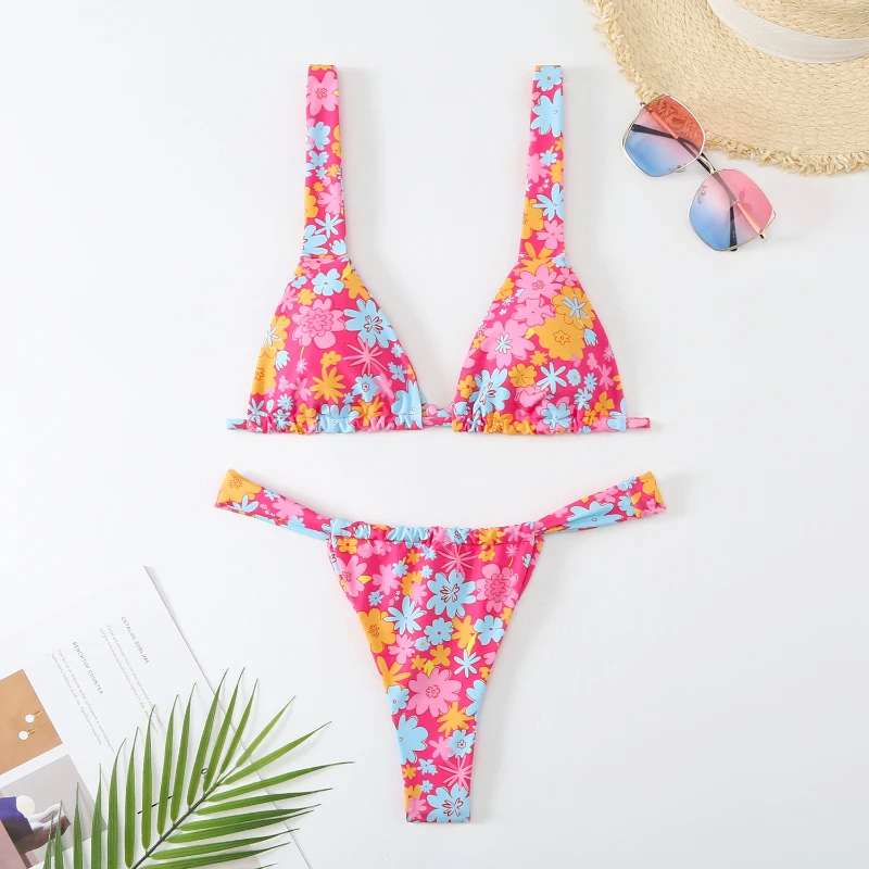 

Flower Printed Swimwear Low Waist Bikini Women 2 Piece Swimsuit with Ties Biquini Brazilian Sexy Bathing Suit Summer Beachwear