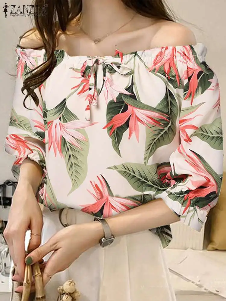 

Топ ZANZEA женский оверсайз с открытыми плечами, модная рубашка с принтом листьев, топ с полурукавом, винтажная плиссированная бандажная блузка, лето 2023