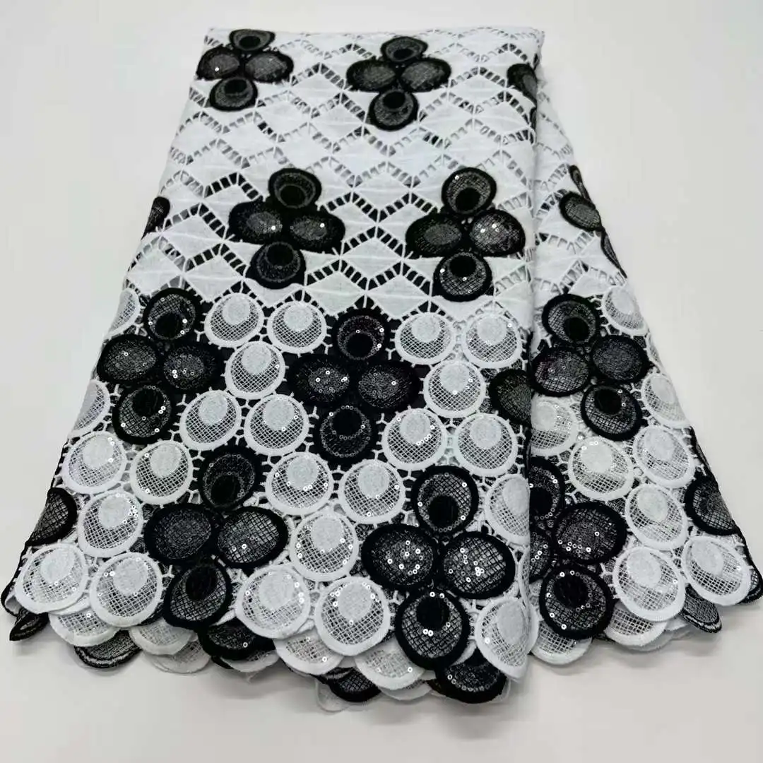 Luxury African Fabrics 3d Embroidery Guipir Sequins Lace For Women Wedding Dress 5Yards Water Soluble White Cotton Fabric