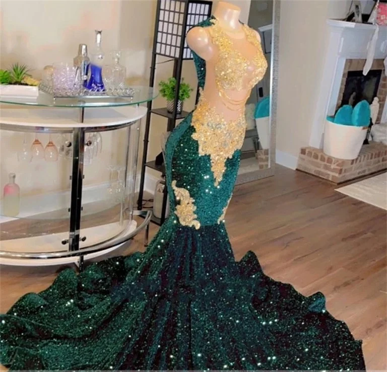 Women Prom Dresses Dark Green Prom Dress Black Girls Luxury Mermaid Sparkly Golden Lace Appliques Bead Graduation Dress