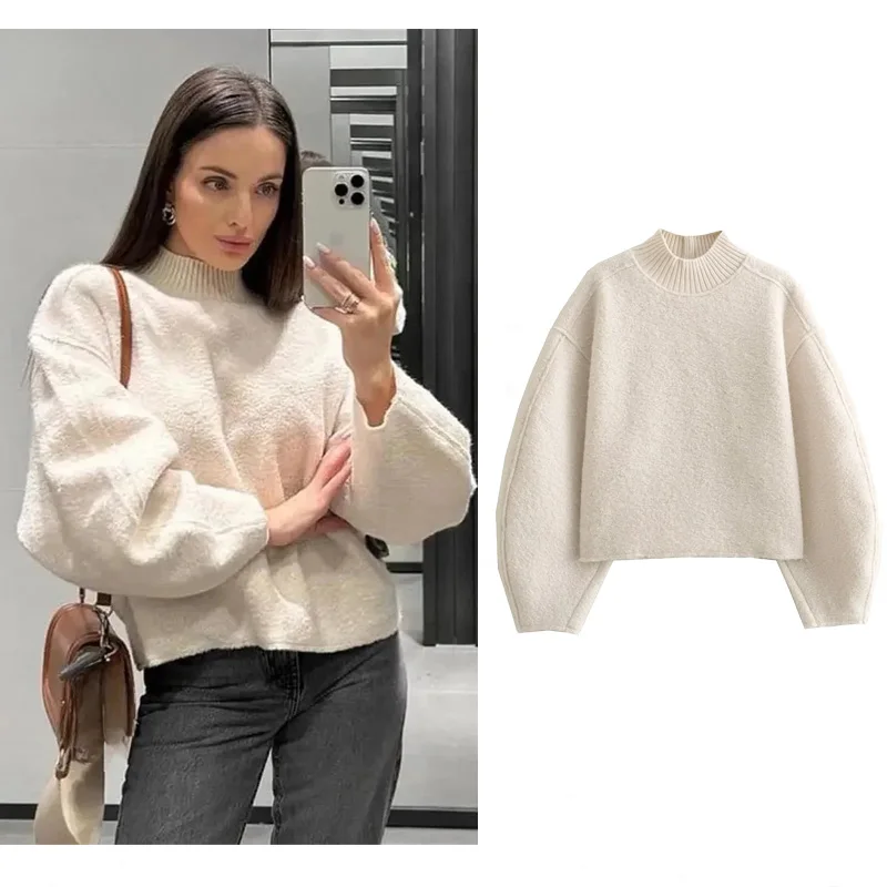 

TRAF Middle Collar Knit Sweatshirts For Woman 2023 Autumn Female Long Sleeves Pullovers Tops New Casual Cozy Warm Outerwear Top