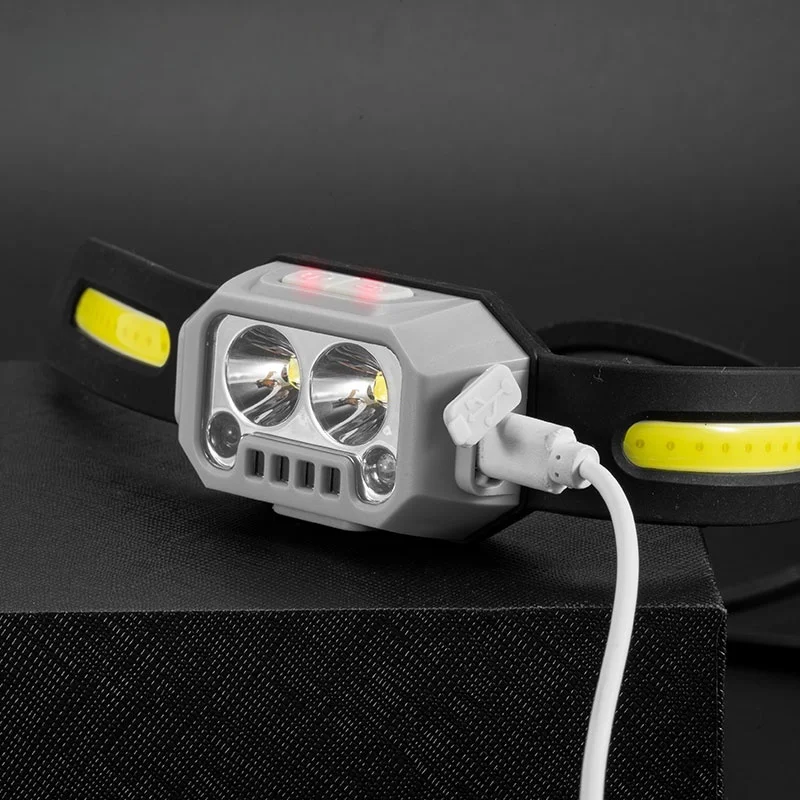 USB-C 충전식 생활 방수 헤드램프, 2 * LED + 2 * COB 모션 센서 헤드라이트, 69g 경량, 4 가지 조명 모드, 2000mAh 배터리