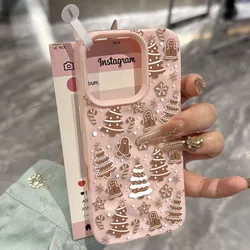 White Christmas Tree Snowflake Pattern Shockproof Phone Case with Textured Fold Design - iPhone 15 Plus (Pink)