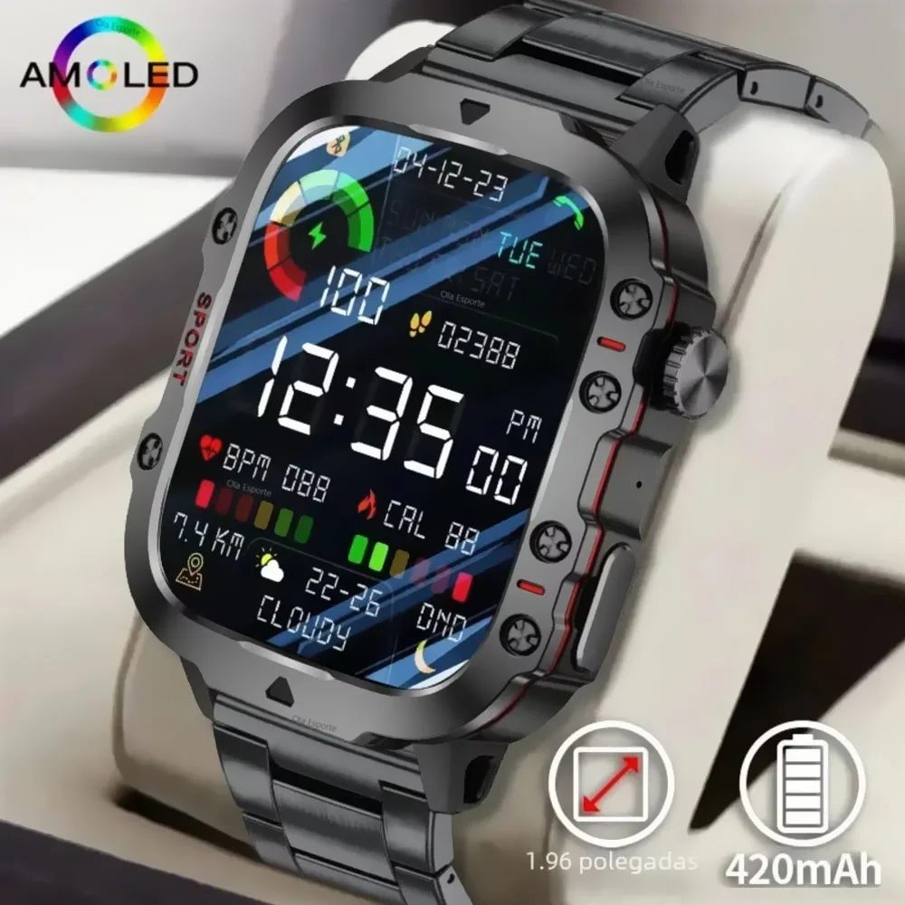 2025 Rugged Military Smart Watch Men's Watch 2.01Inch HD Touch Screen Voice Bluetooth Call LED Flashlight Outdoor Smartwatch Man