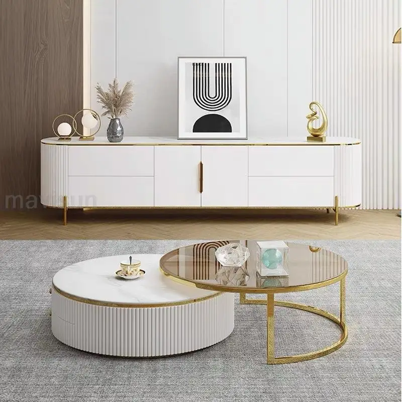 

Customized White Cabinet With Black Surface, 1.5m Center Cabinet, 2.2m TV Cabinet, Two Tea Tables Living Room Furniture LQQ39YH