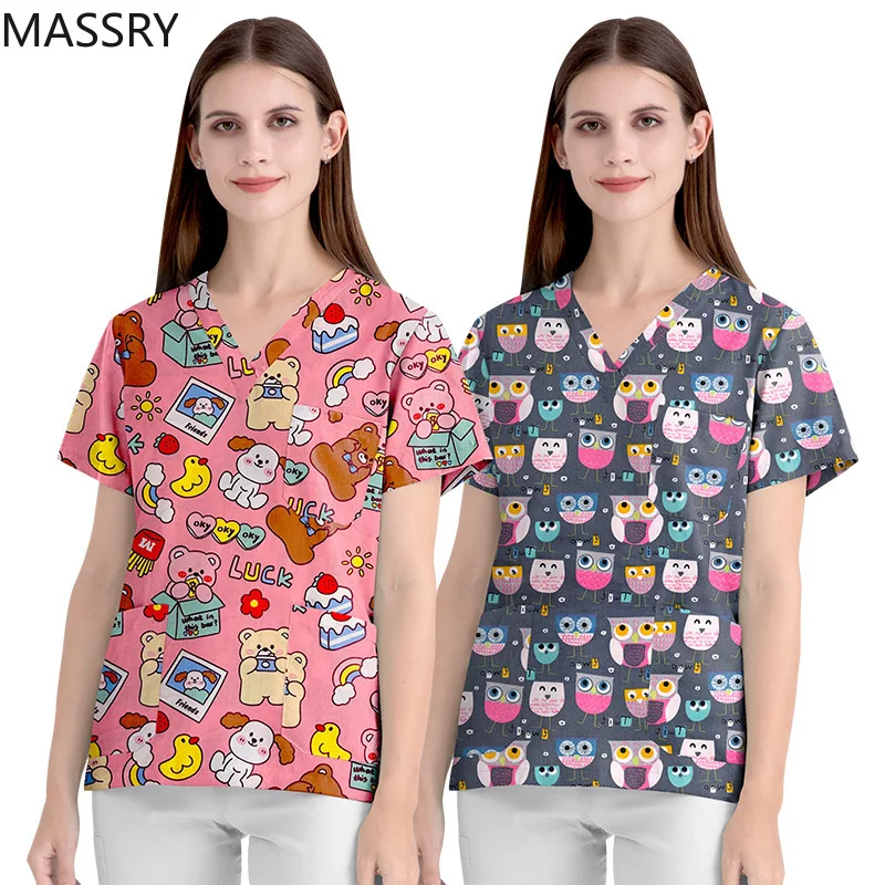 

의료용 스크럽 셔츠 Nurse Uniform Women Men Print Scrubs Top Short Sleeve Shirt Medical Nursing Scrub Pants Beauty Pet Shop Blouse