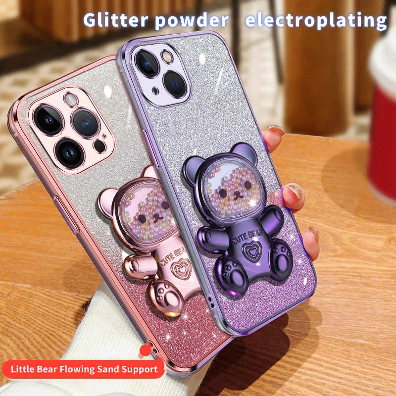 Coque de téléphone avec support à paillettes, ours mouvant, étui pour iPhone 15 14 12 13 11 Pro Mini 13pro X Xr Xs Max 7 8 6 Plus_voghion.com