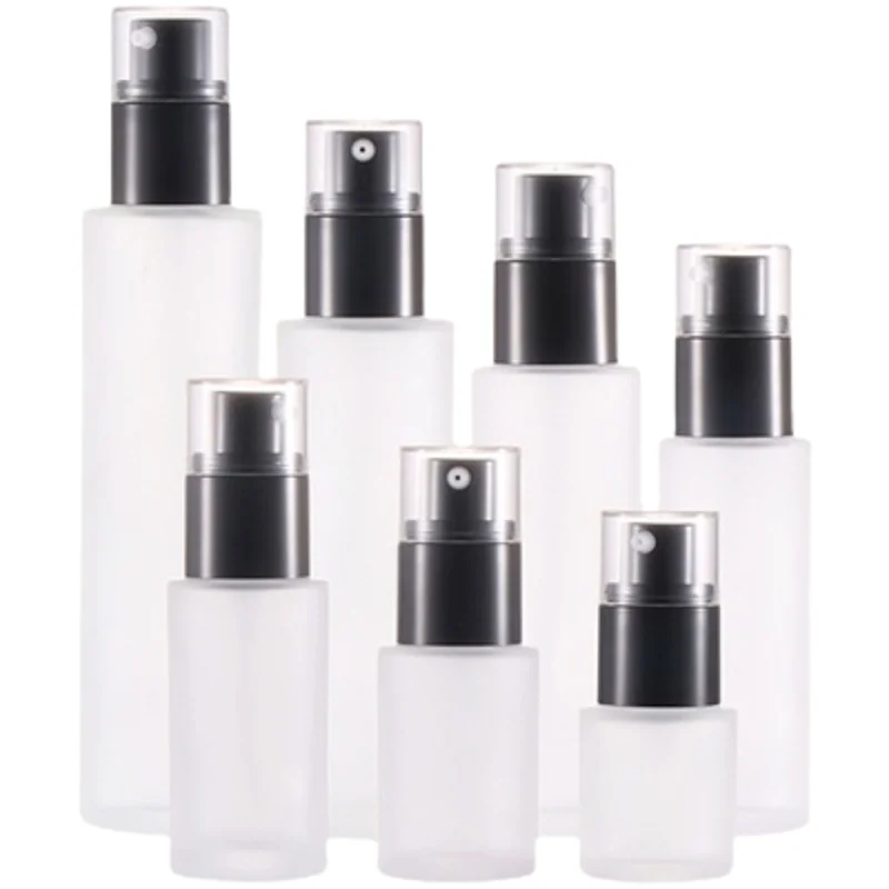 

10Pcs Glass Bottle Empty Frosted Black Lotion Pump Clear Cover 1oz 20ml30ml40ml60ml80ml100ml 120ml Cosmetic Refillable Bottles