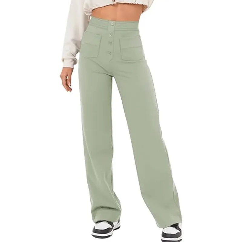 Autumn New Women's High Waist Pocket Wide Leg Button Casual Loose Straight Trousers and Pants