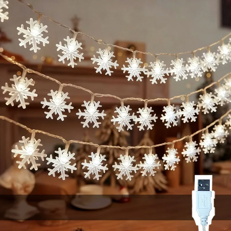 Snowflake LED String Lights - Festive USB-Powered Decoration for Christmas, Weddings, and Parties