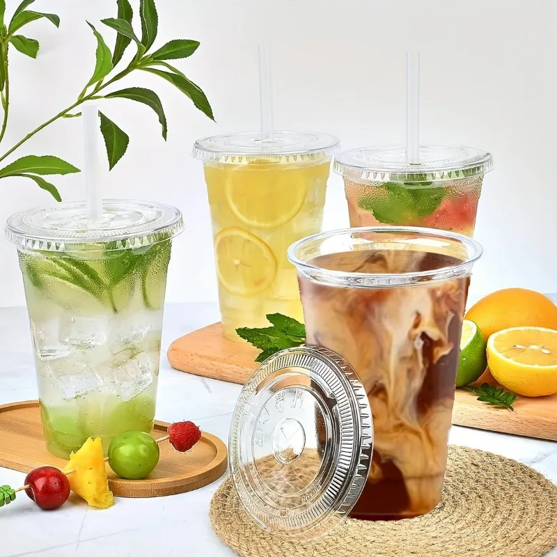 12/16/20OZ Disposable Transparent Plastic Cup Flat Lid Drinking Cup for Parties Birthdays Weddings Camping Kitchen Utensils
