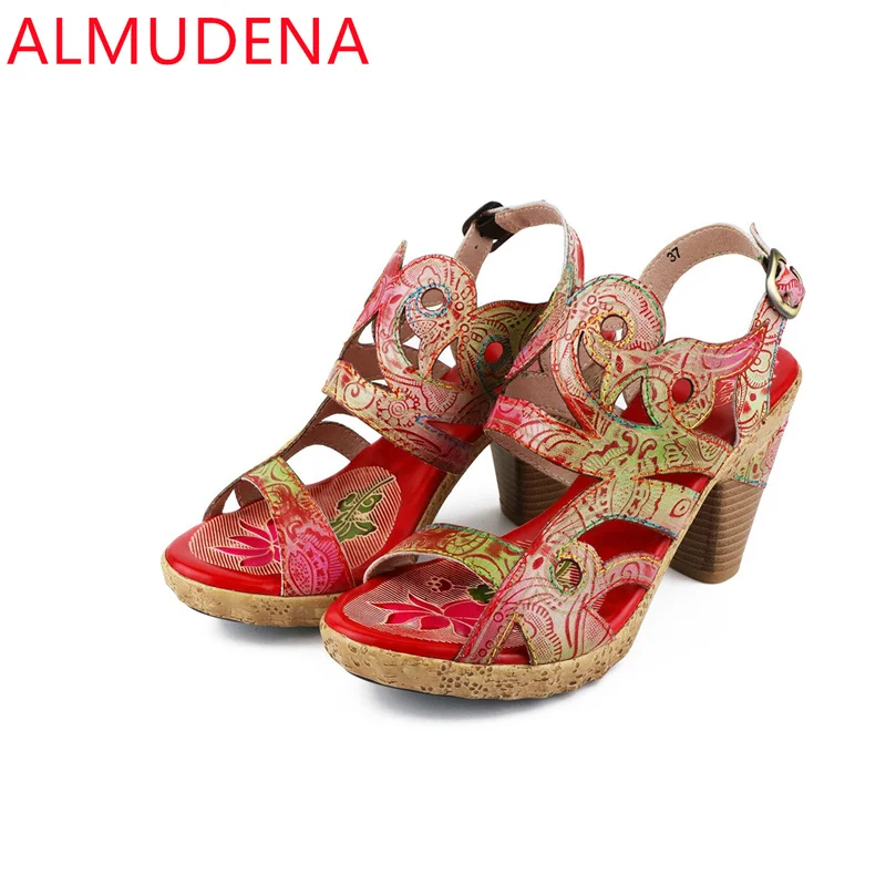 

Ethnic Vintage Peep Toe Square Heel Hollow Women Sandals Round Toe Ankle Buckle Strap Sewing Leisure Dress High Heels Sandals
