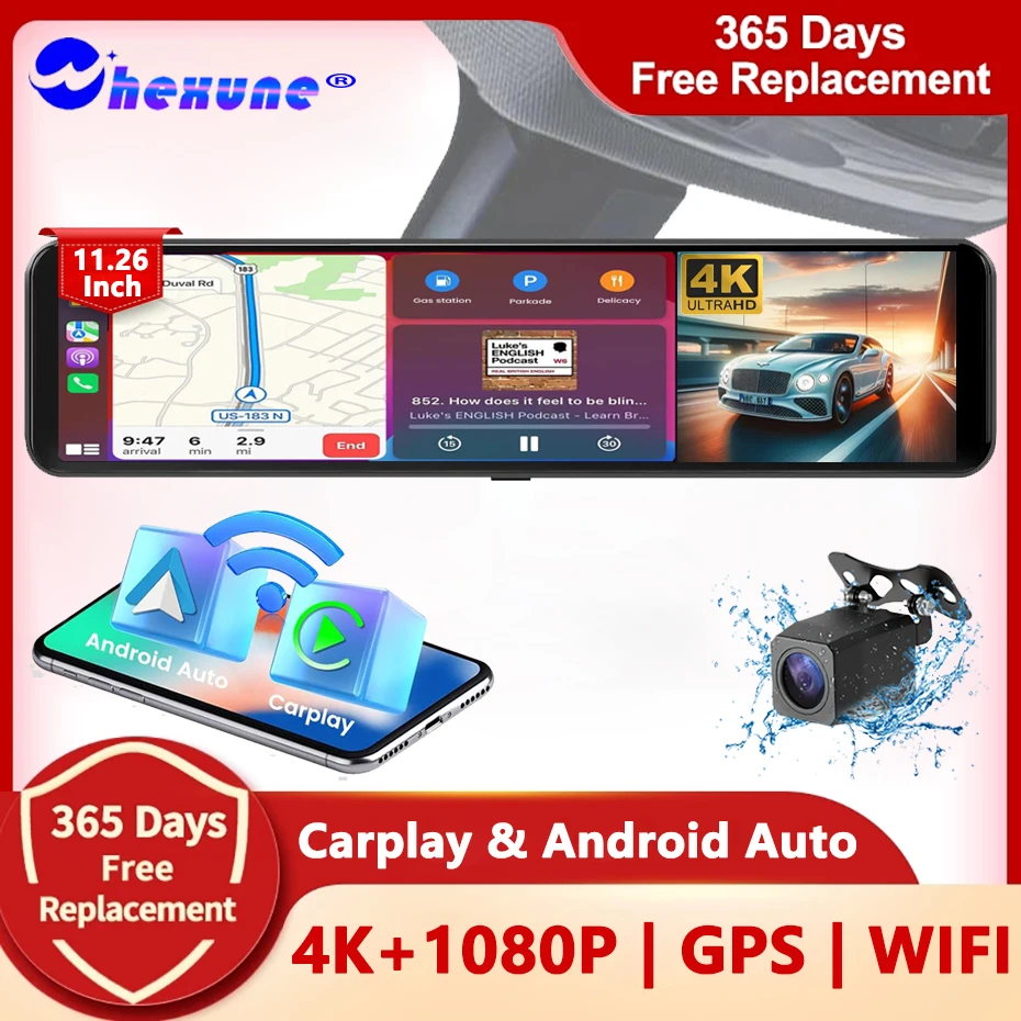 

Автомобильный видеорегистратор, 11,26 дюйма, 4K, 2160P, GPS, Wi-Fi, BT, FM