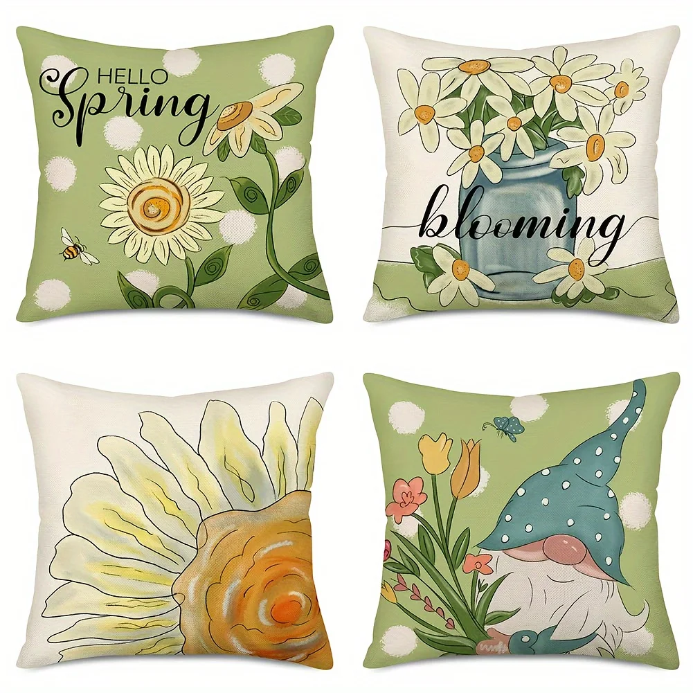 

4pcs Hello Spring Flowers Blooming Throw Pillow Covers Outdoor Garden Bottle Daisy Sunflower Gnome Bee Pillowcase Home Sofa