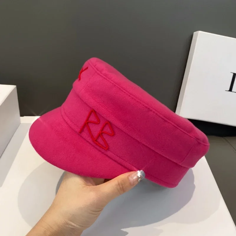 Autumn Winter Hats New Wool Newsboy Caps for Women Hot Pink Letter Baker Boy Caps Fashion Versatile British Retro Beret
