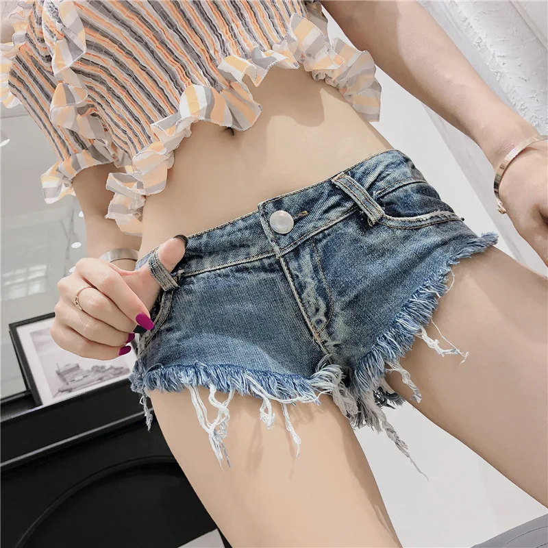 Sexy Women Triangle Jeans Shorts Summer Nightclub Party Low Waist Female Loose Mini Denim Shorts All-match Tassel Blue Shorts