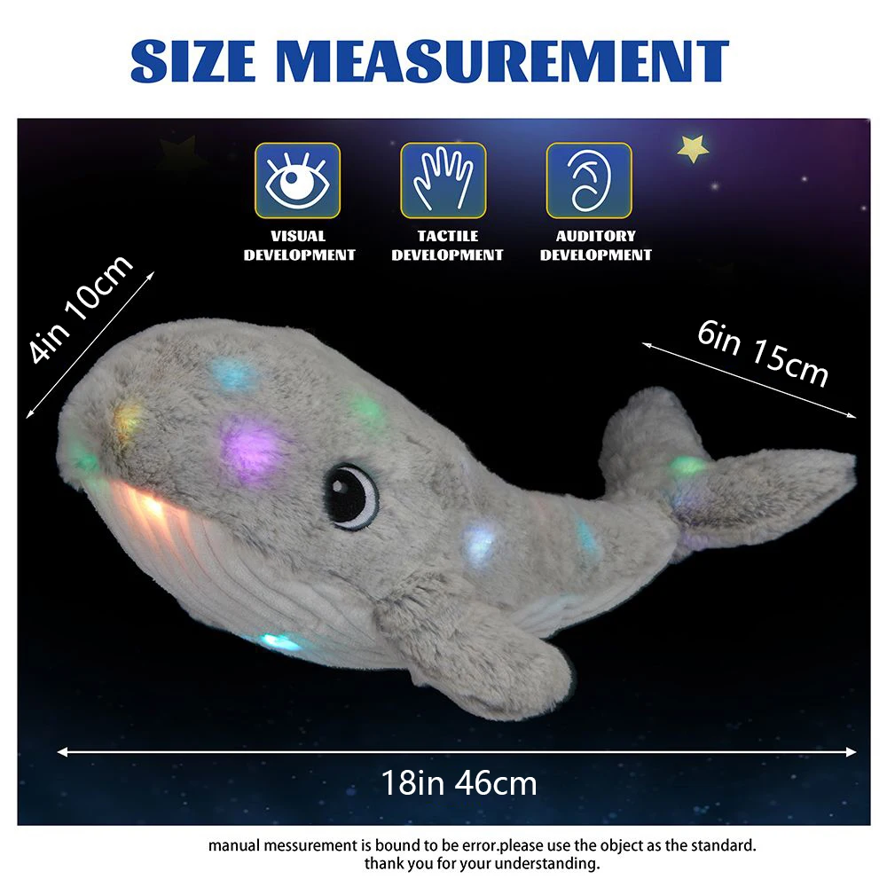 46cm Grey Whale LED Luminous Plush Toy Animal Throw Pillow Soft and Comfortable Children's Cotton Filled Cushion Gift for Girl