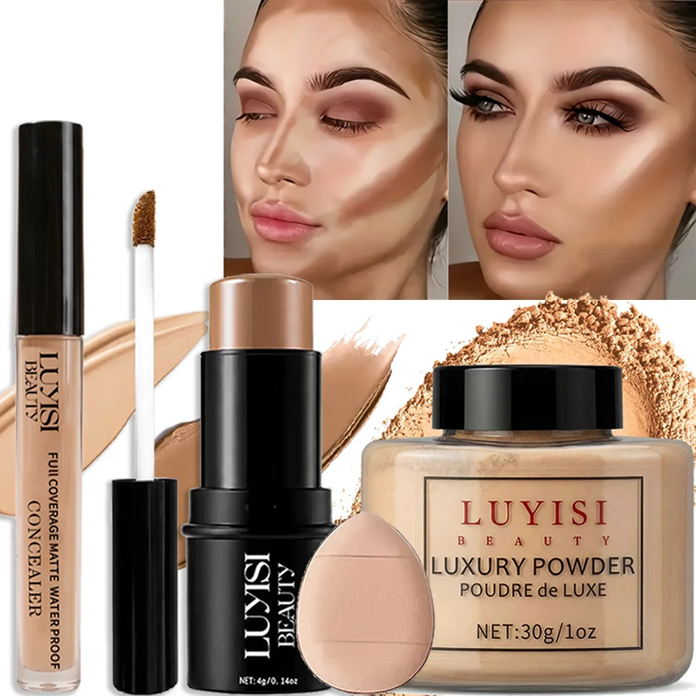 Set completo di trucco per il viso da 4 pezzi: 1 correttore + 1 cipria + 1 contorno + 1 spugnetta. Cosmetici per il viso impeccabili, opachi, impermeabili e morbidi. - immagine 3