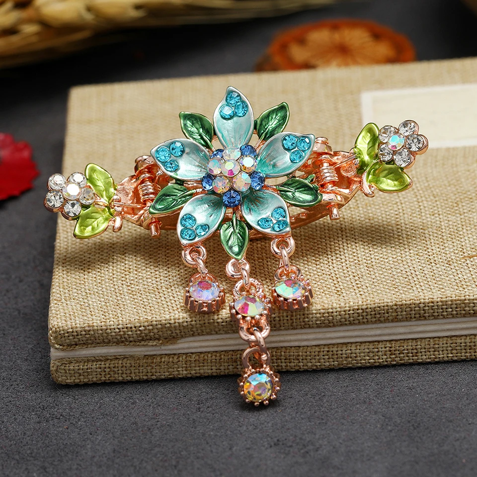 Vintage Enamel Flower Hair Claw Jewelry Charm Rhinestone Hair Clip for Women