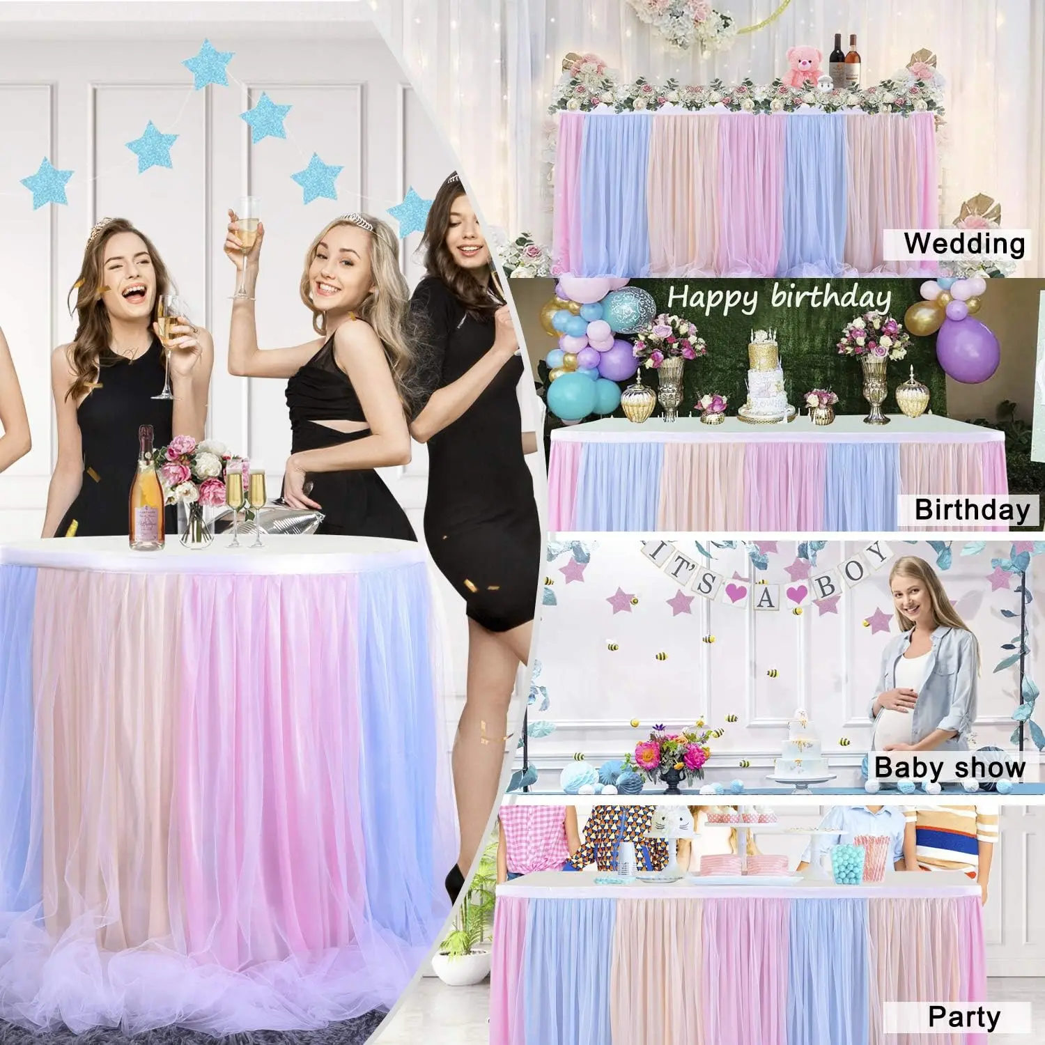 Tulle Tutu Table Skirt for Unicorn Themed Party,Baby Shower Wedding,Table Skirt for Rectangle Table or Round Decorations