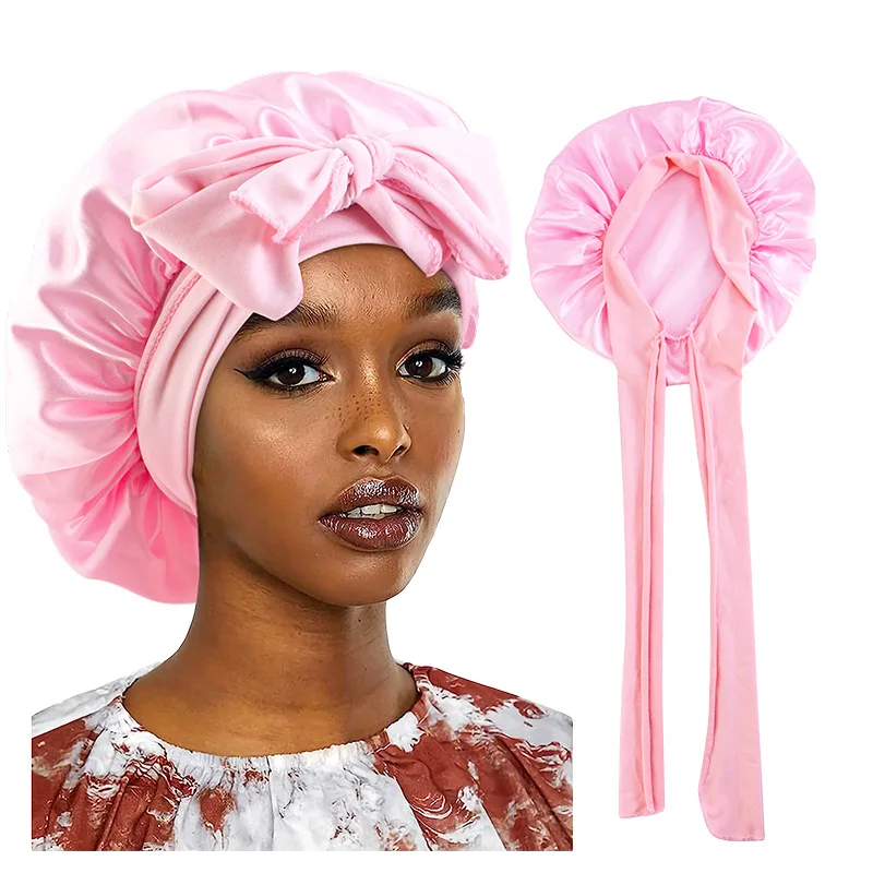 New Women Satin Sleeping Hat Wide Stretchy Band Long Tail Bonnet With Head Tie Band Bonnet Edge Wrap For Curly Dreadlock Braid janevini elegant white one layer long wedding veil lace edge bridal cathedral length veil tulle women simple wedding accessories