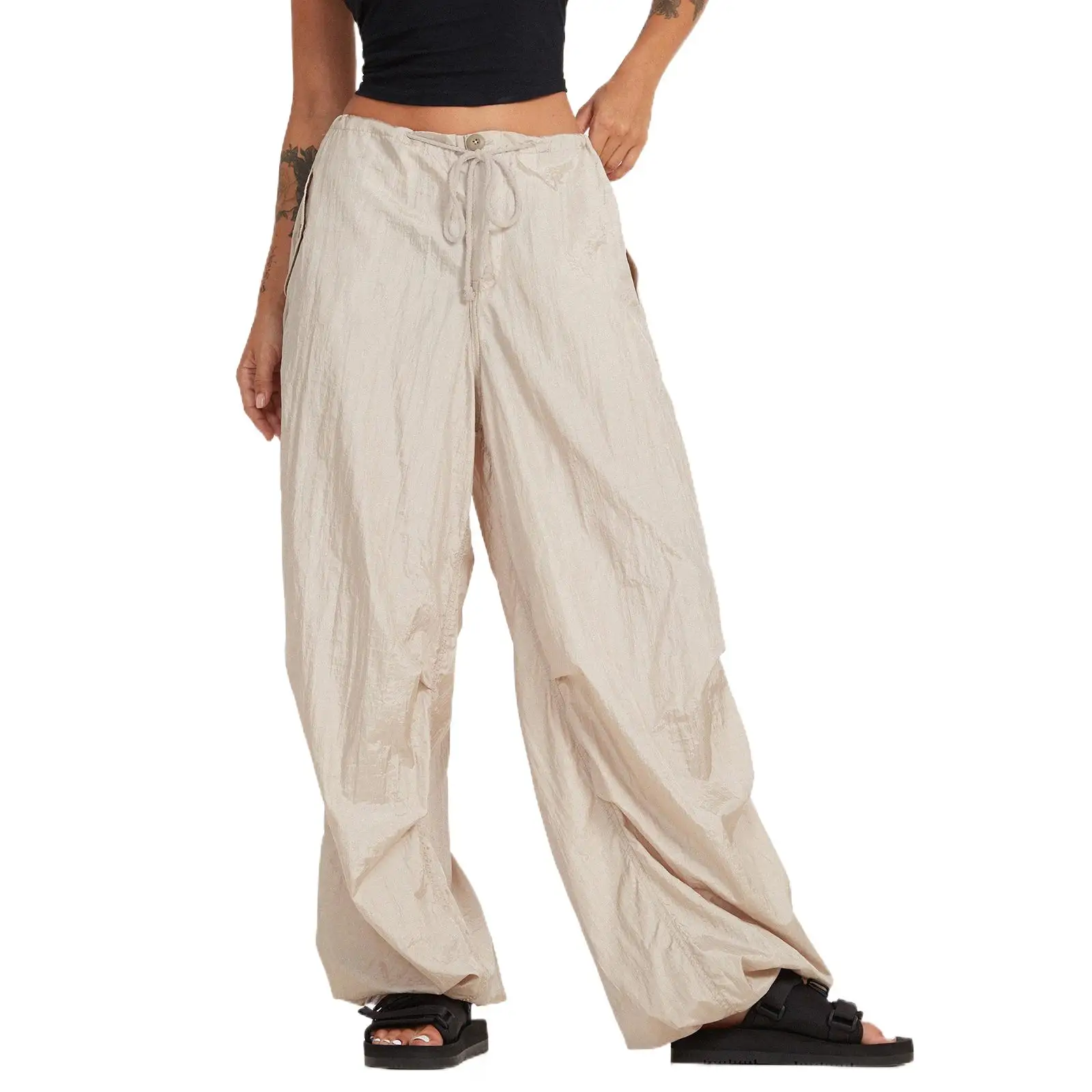 

Streetwear Y2K Drawstring Waistband Cargo Pants Women's Fashion Solid Color Loose Fit Pants with Pockets Female Trousers