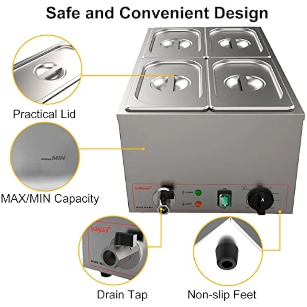 Commercial Stainless Steel 4 Sections Bain Marie Food Warmer 16 Qt Buffet Server with Lid and Tap for Home, Restaurants