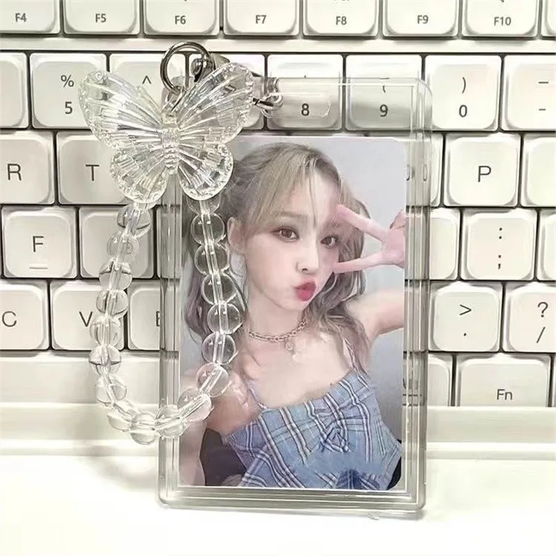 

Fashion Crystal Butterfly 3 Inch Acrylic Card Holder Photocards Display Credit Id Bank Card Protective Case Keychain Pendant