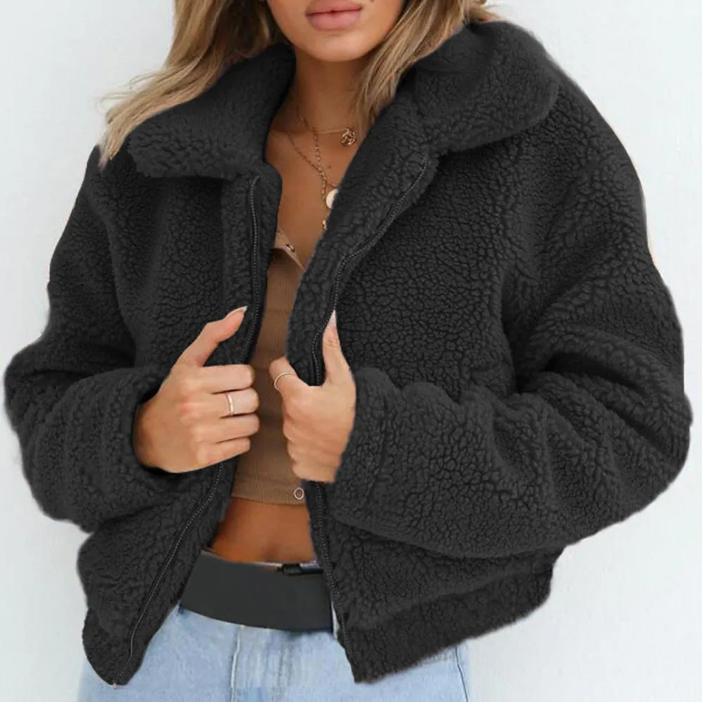 Warm Artificial Thick Fleece Coat Womens Zipper Jacket Winter Outerwear Long Sleeve Black Fur Collar Overcoat Female Sweatshirt women 2023 new down cotton coat winter jacket female warm thickened parkas mid length outwear artificial collar hooded overcoat