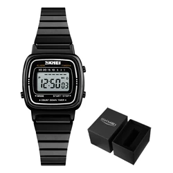 SKMEI Women's Luxury Waterproof Digital Sport Watch - Elegant Small Dial (Black - Steel)