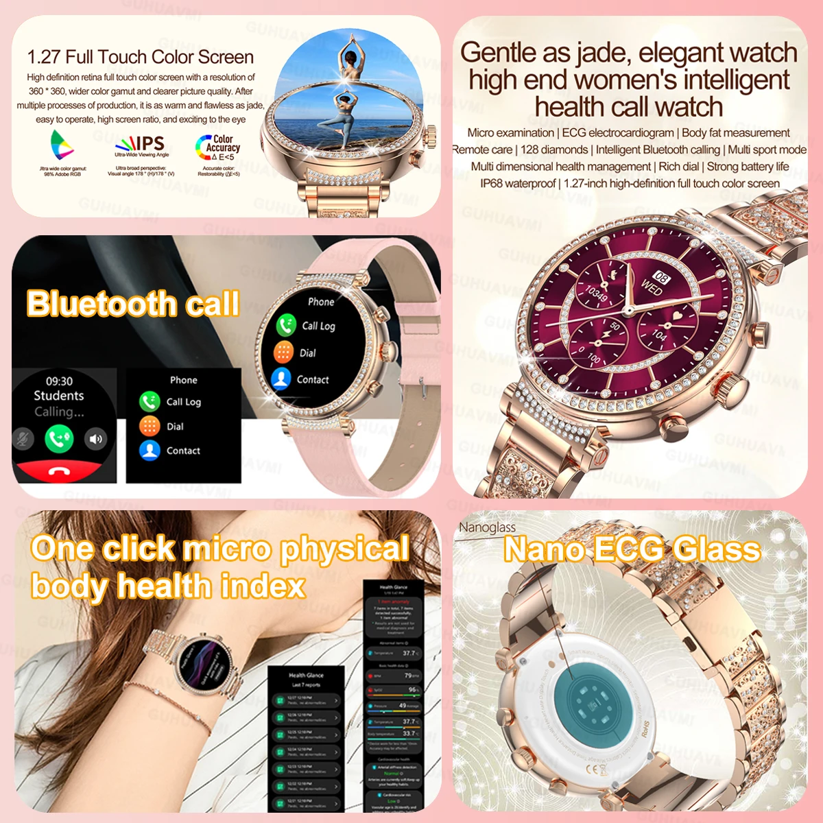Women diamond Smart Watch ECG Women Health tracking Watch Full Touch Screen BT Call Custom dial Smartwatch For Huawei Xiaomi IOS 4