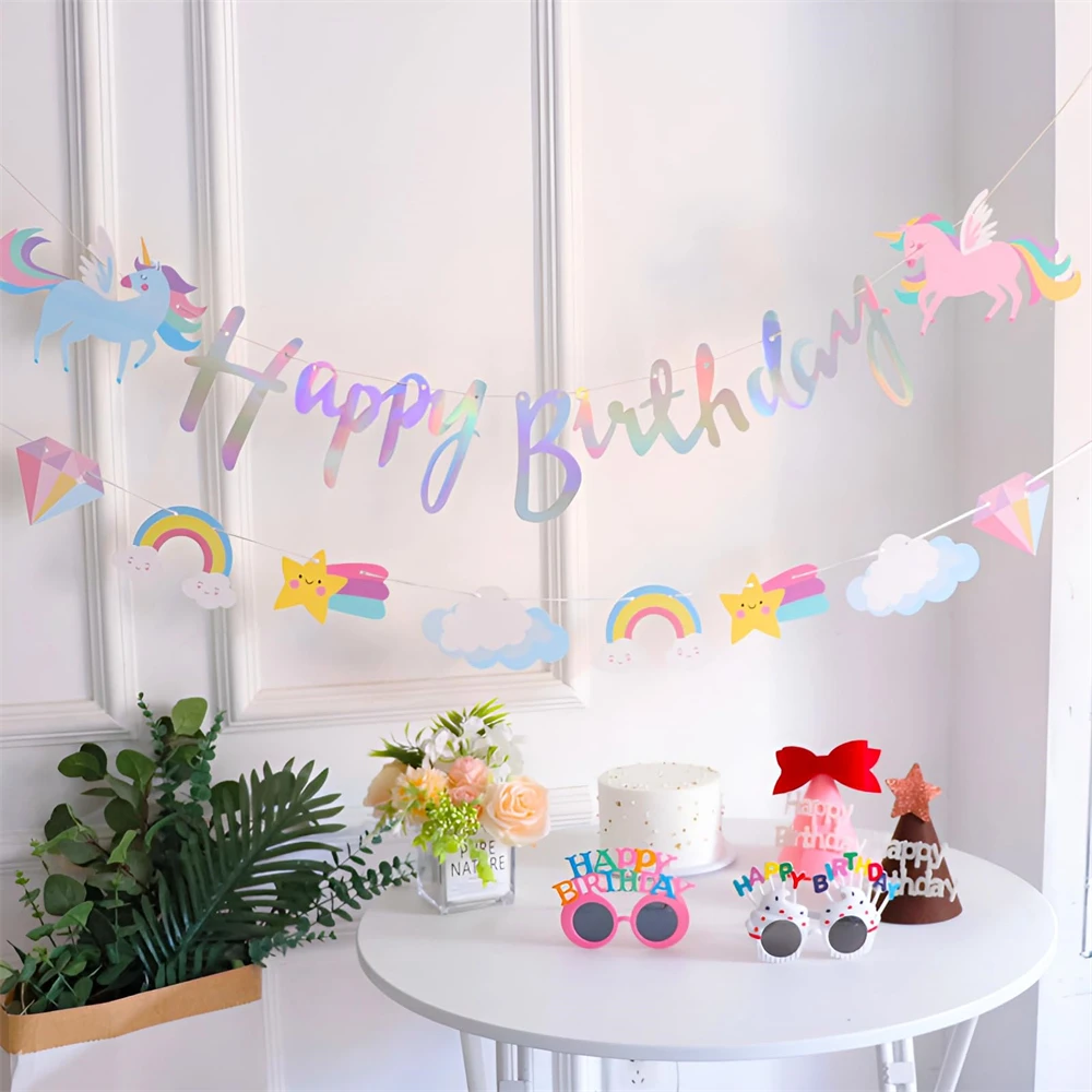Unicorn Happy Birthday Banner Sparkle Gold Glitter Girls Boys Cartoon Clouds Star Rainbow Chrismas Party Decoration