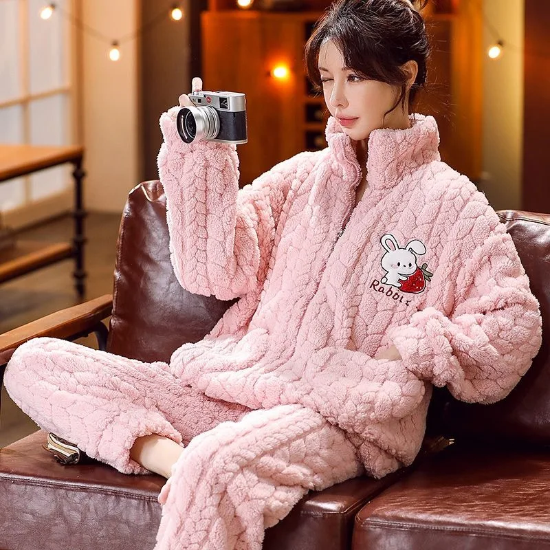 Winter Pajamas Ladies Coral Velvet Flannel Thickened Plus Sleepwear Women Household Clothing Set Famale Zipper Suit Outsidewear