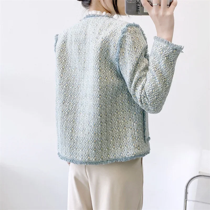 Light Blue Elegant Fashion Coat Women's Autumn Winter New Wool Tassel O Neck Korea Chic Sweet Small Fragrance Tweed Jacket 1694