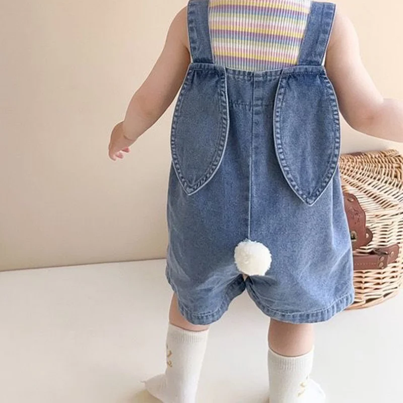 Kids Outfits 1-7T Cute Baby Denim Jumpsuit Boy Girl Sleeveless Bunny Tail Suspender Pant Pocket Romper Outfits Adjustable Jeans Kids Overalls