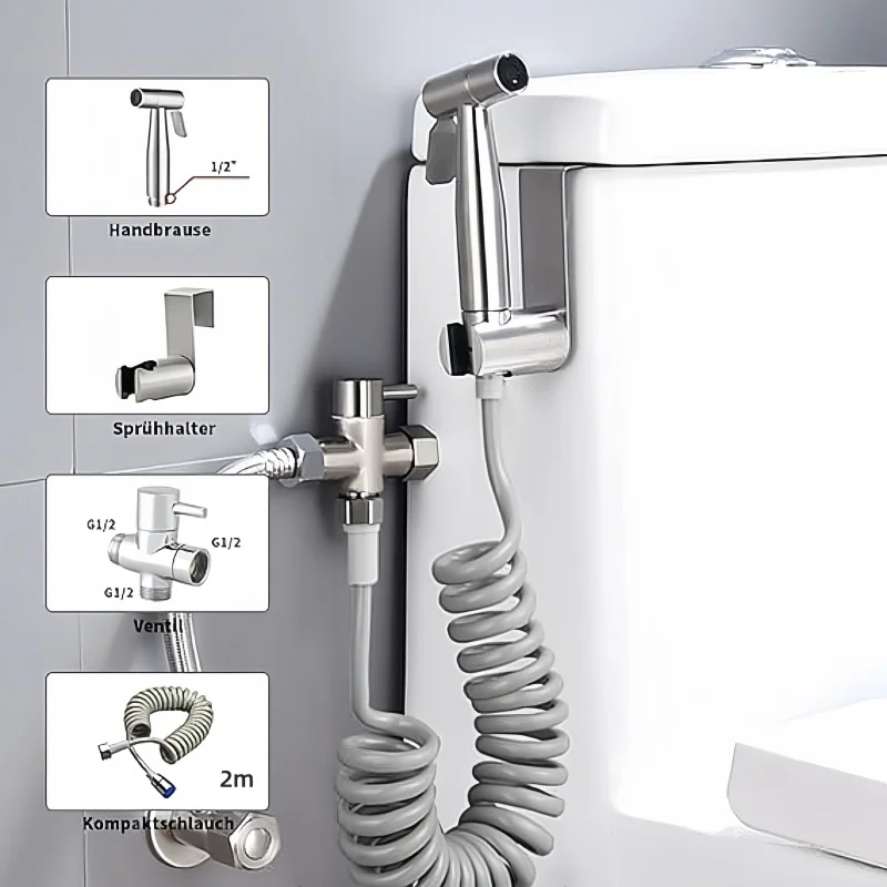 มือถือ Bidet Toilet Sprayer Kit สแตนเลสสตีลสเปรย์ปืนวาล์ว 3 ทิศทาง, สูบลมใช้สําหรับสุขอนามัยส่วนบุคคลและสัตว์เลี้ยงอาบน้ํา 1