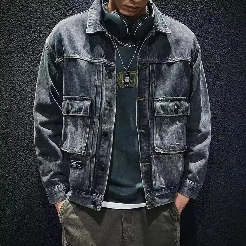 HighQualityMensDenimJacketPocketsDecorsFashionJacketCoat
