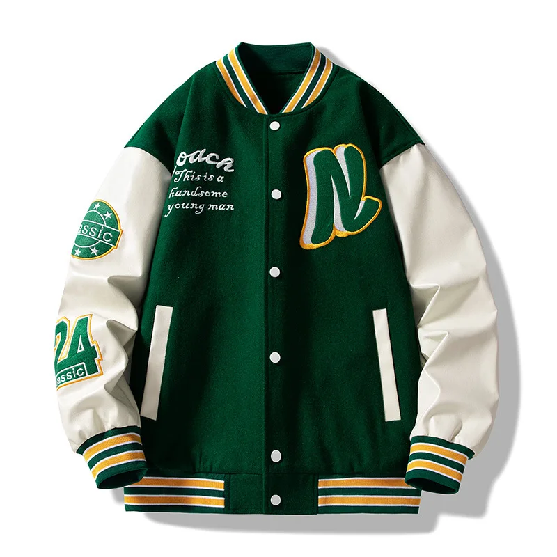 Youth Spring Retro Baseball Uniform Letter Embroidered Fake Leather Sleeve Jackets Coat Men's Street Hip Hop Trend Couple Jacket