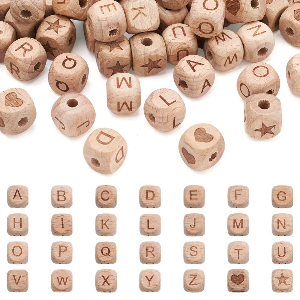 Wood Letters Beads, Wood English Letters, DIY English Pre-drilled Holes  10x10MM Jewelry Making Supplies For Earrings Necklaces 