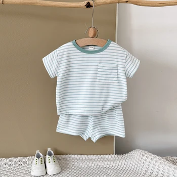 Summer Baby New Set Blue White Stripes Simple Comfortable Short Sleeves+Loose Sports Beach Shorts Boys Girls Clothing 1