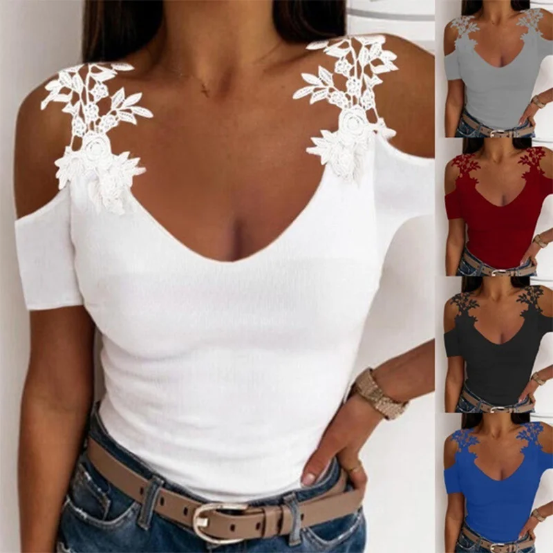 

Sexy Off Shoulder Lace Short sleeved Women's Solid V-neck T-shirt Top