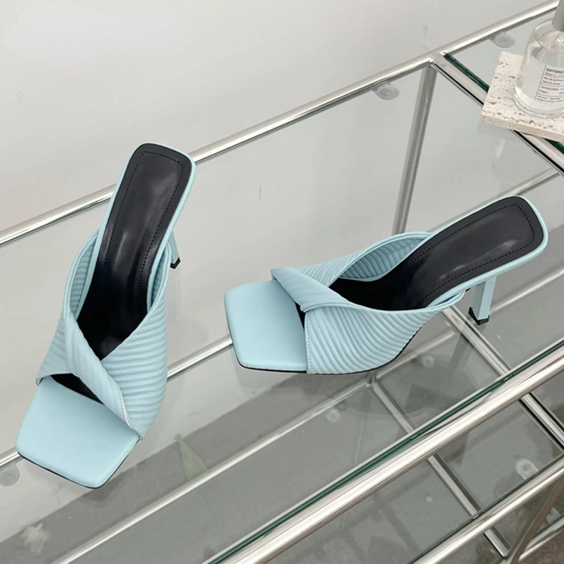 

2022 Summer Pleated Square Toe Women Slipper Fashion Slides Ladies High Heel Slides Sandals Shoes Sandalias Mujer Verano 2022