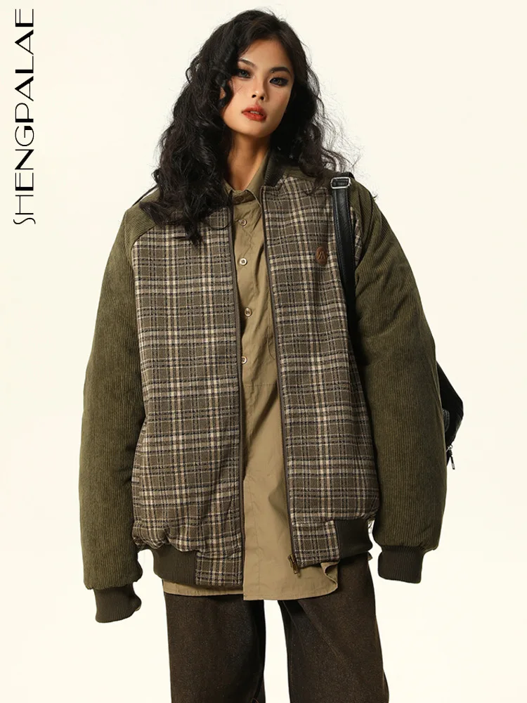 

SHENGPALAE Corduroy Patchwork Cotton Coat For Women Winter Vintage Plaid Padded Jacket 2023 New Thicken Baseball Uniform 5R8299