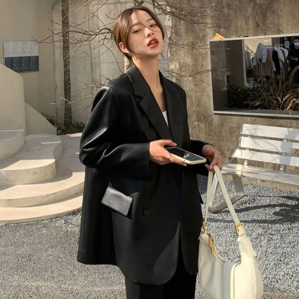 Sweet Lapel Collar Leather Jacket Women Korean Chic Retro Suit Leather Jacket Outerwear Loose Vintage PU Coats Autumn/Winter