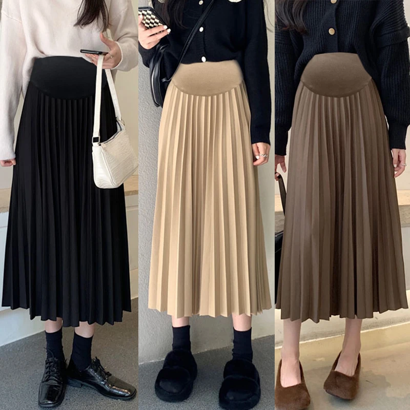 New Autumn Winter Pleated Thick Warm Maternity Skirts Elastic Waist Belly Casual Clothes for Pregnant Women Pregnancy