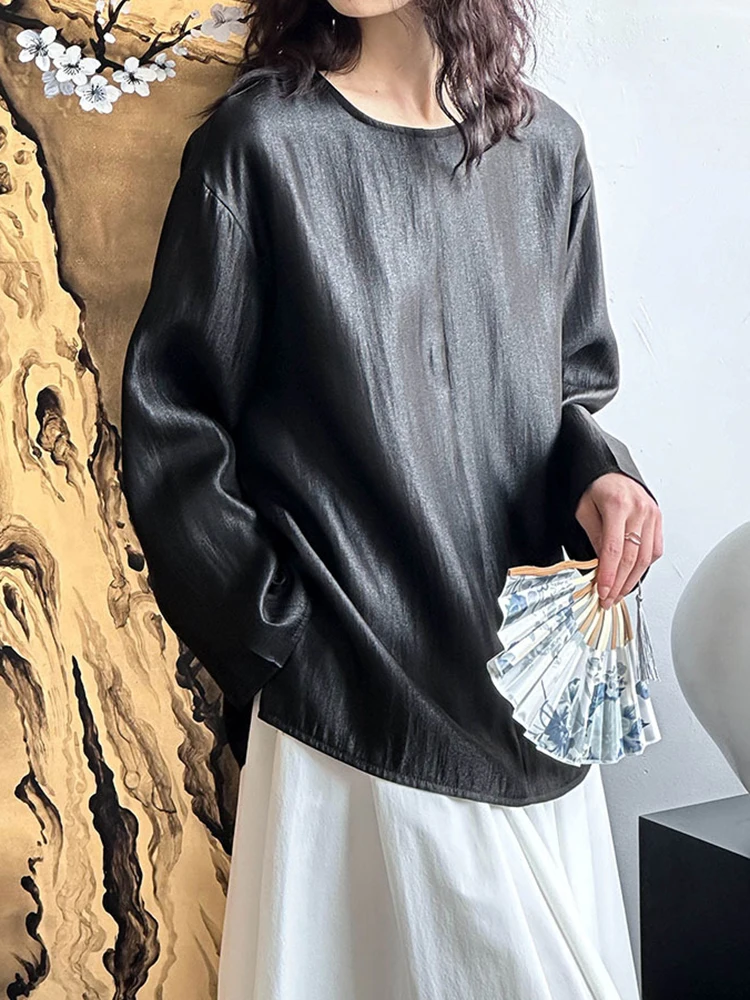 [LANMREM] Chiffon Pullover Shirts For Women Round Neck Long Sleeve Office Lady Sunscreen Blouses 2024 Summer New 26D8934