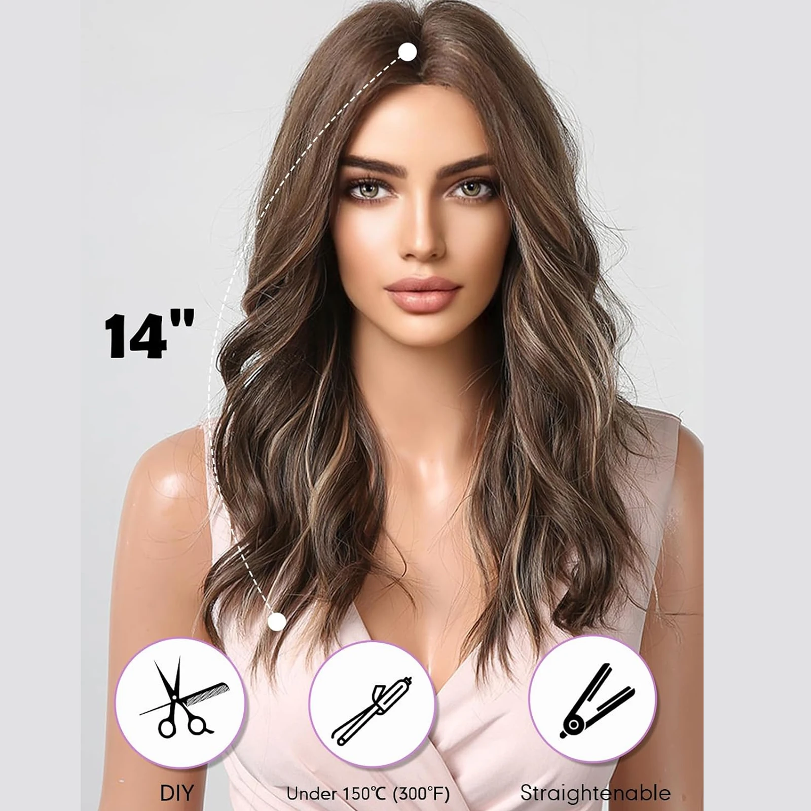 Long Wavy Curly Synthetic Hair Lace Front Wigs for Women Ombre Brown Highlight Color Wig Lace Frontal Wig for Daily Party Use