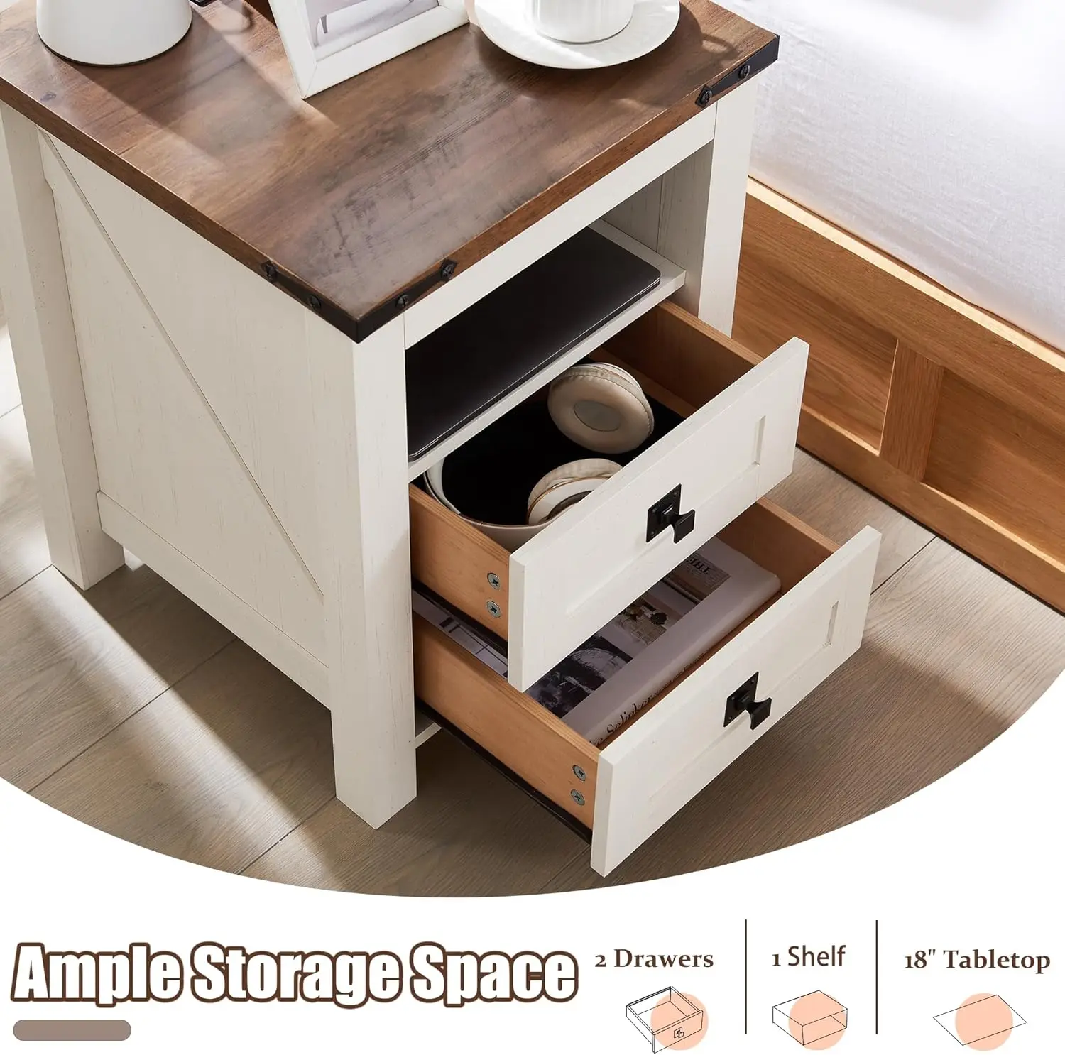 Nightstand with Charging Station, End Table, Side Table with 2 Drawers Storage Cabinet for Bedroom, Living Room, Farmhou